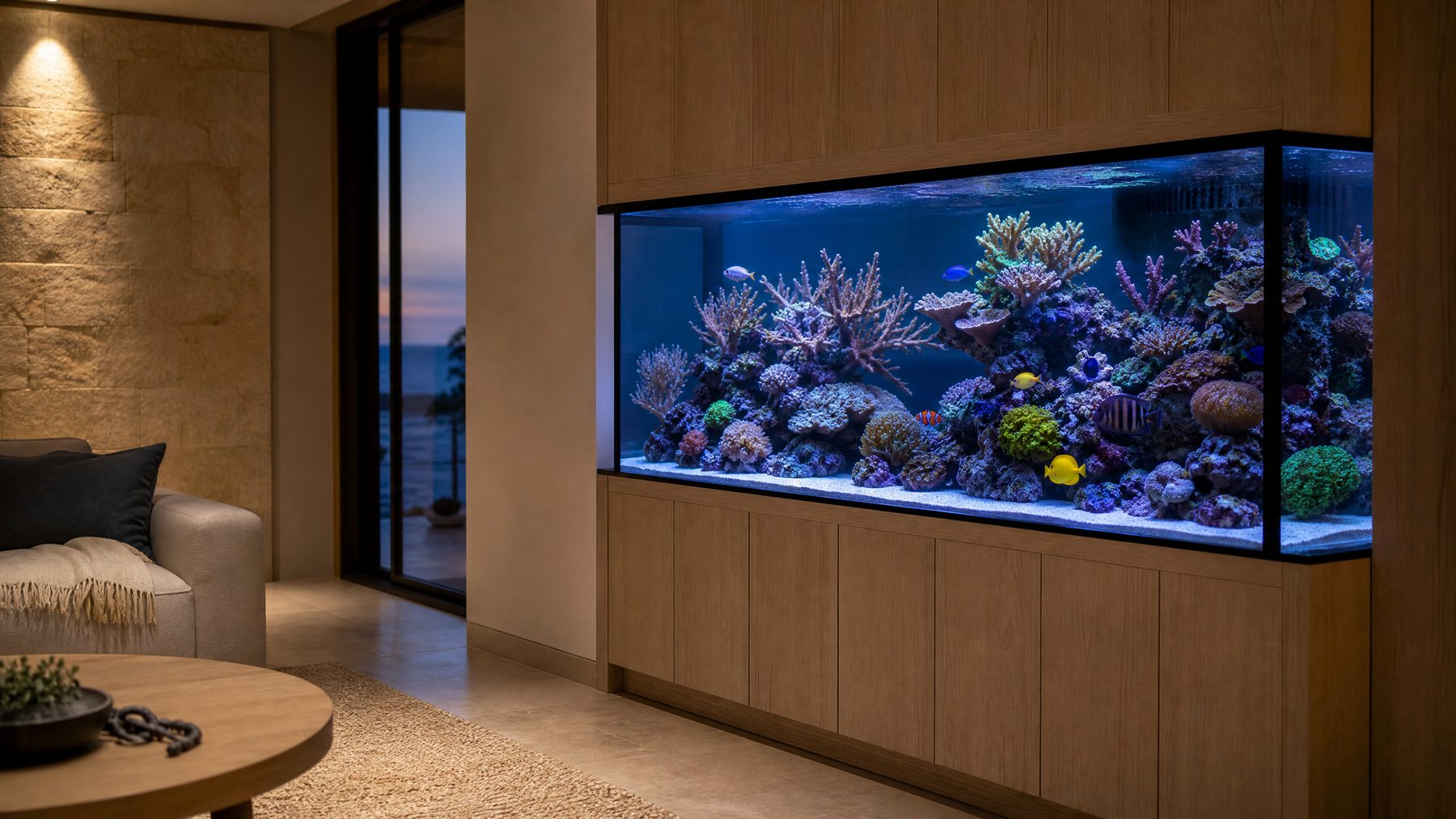 A refined mixed saltwater aquarium installed in a calm modern coastal home