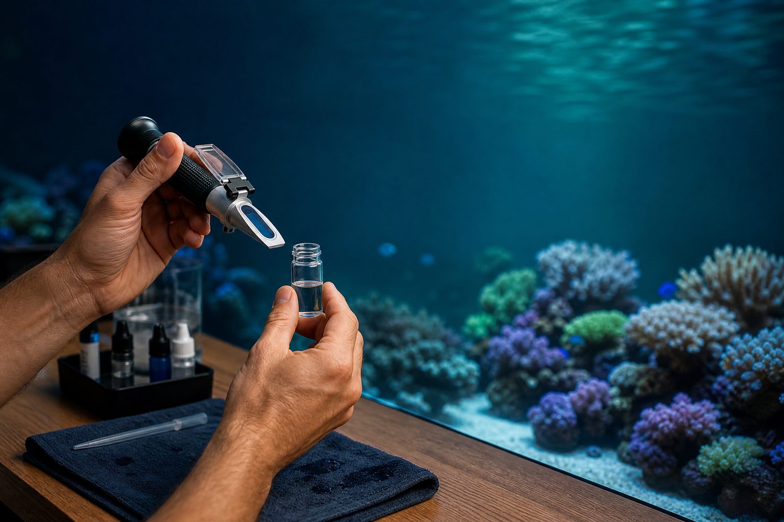 Careful saltwater testing beside a healthy aquarium
